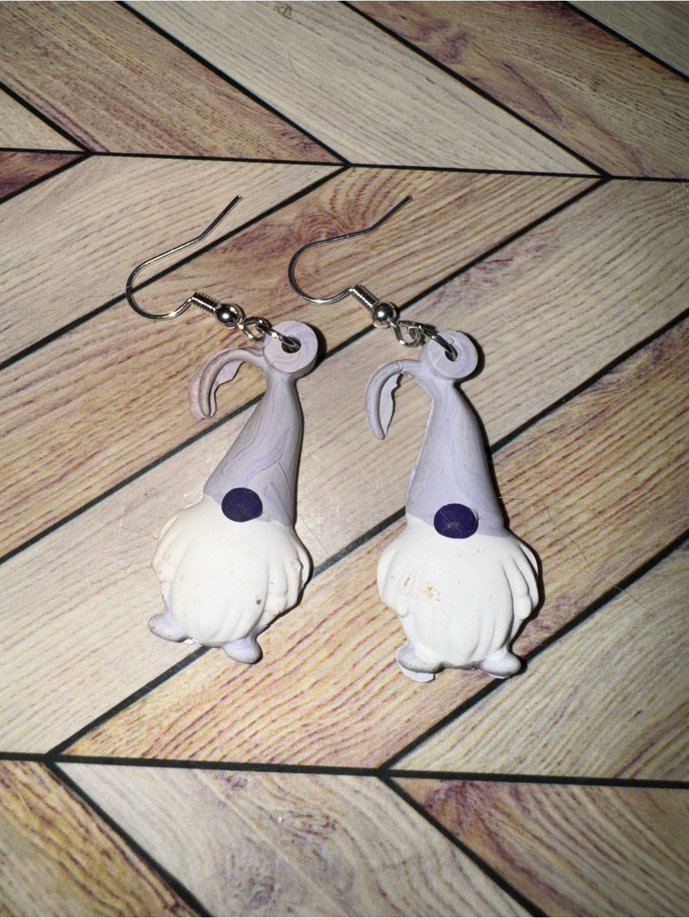 Handmade Gnome Clay Earrings - White & Light Purple